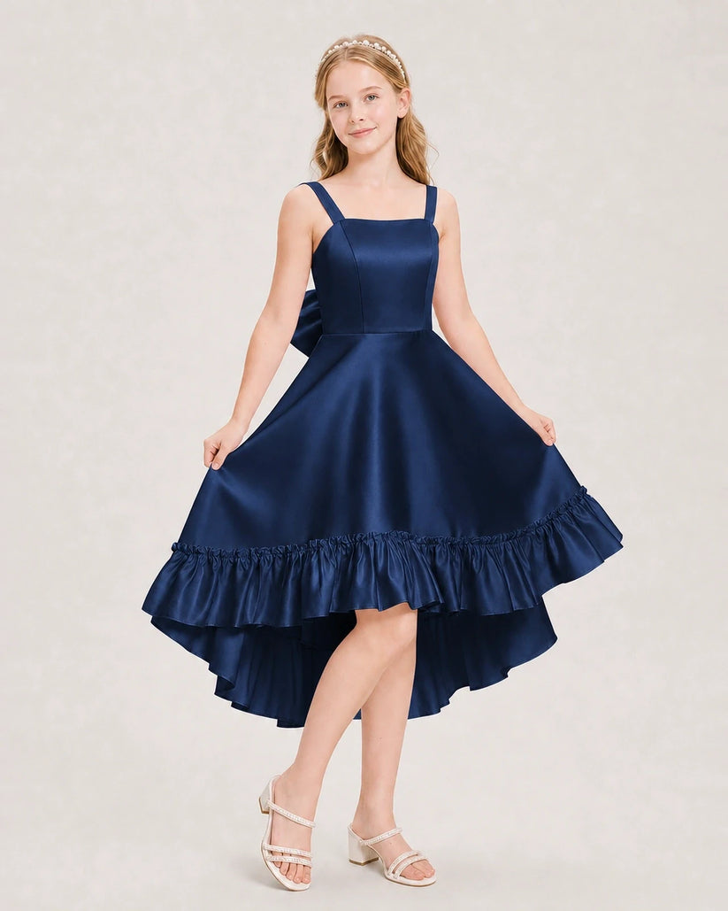 Navy Blue Satin High Low Junior Bridesmaid Dresses