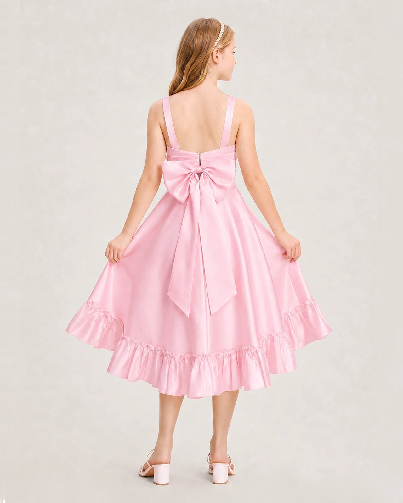 Dideyttawl Satin High-Low Junior Bridesmaid Dress with Bow
