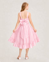 Pink satin bow-back tiered junior bridesmaid dress Back View