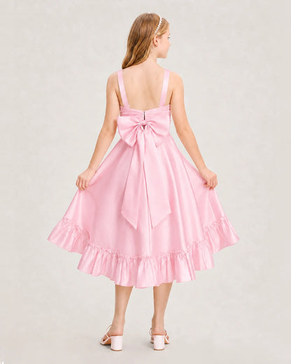 Dideyttawl Satin High-Low Junior Bridesmaid Dress with Bow