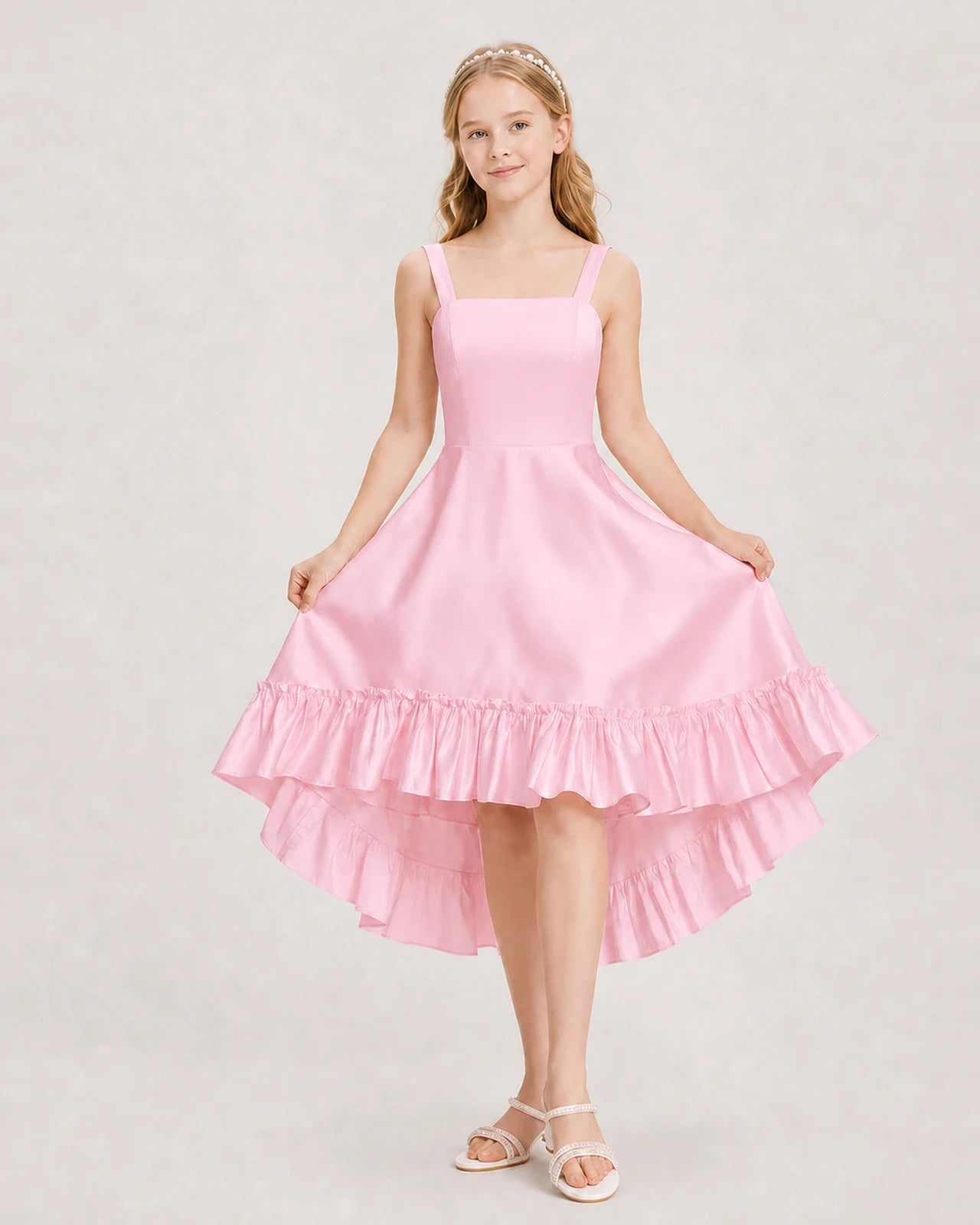 Dideyttawl Satin High-Low Junior Bridesmaid Dress with Bow