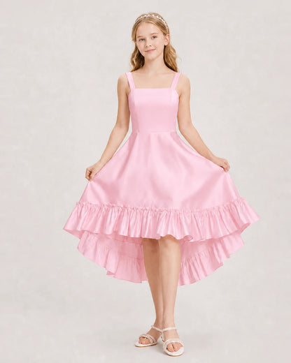 Dideyttawl Satin High-Low Junior Bridesmaid Dress with Bow