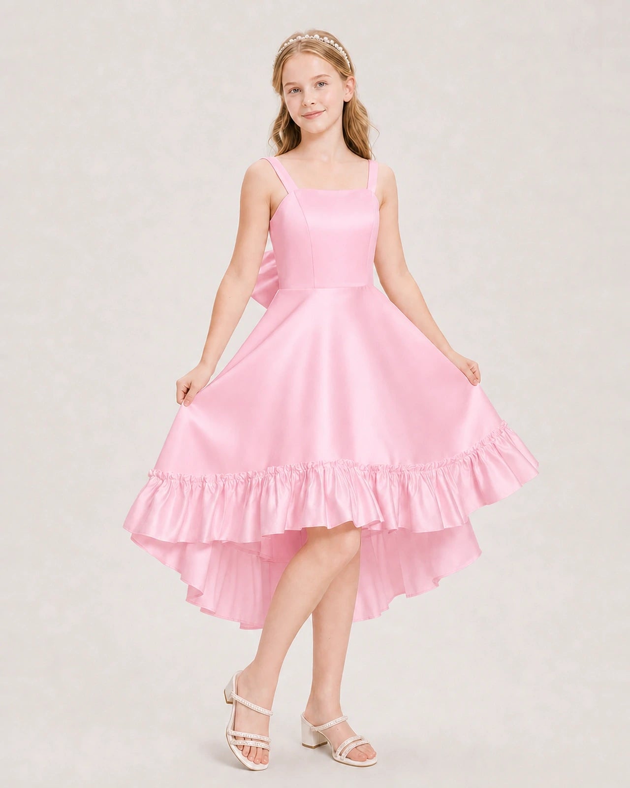 Dideyttawl Satin High-Low Junior Bridesmaid Dress with Bow