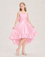 Pink Satin High-Low Junior Bridesmaid Dresses