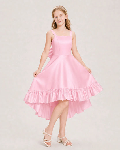Dideyttawl Satin High-Low Junior Bridesmaid Dress with Bow
