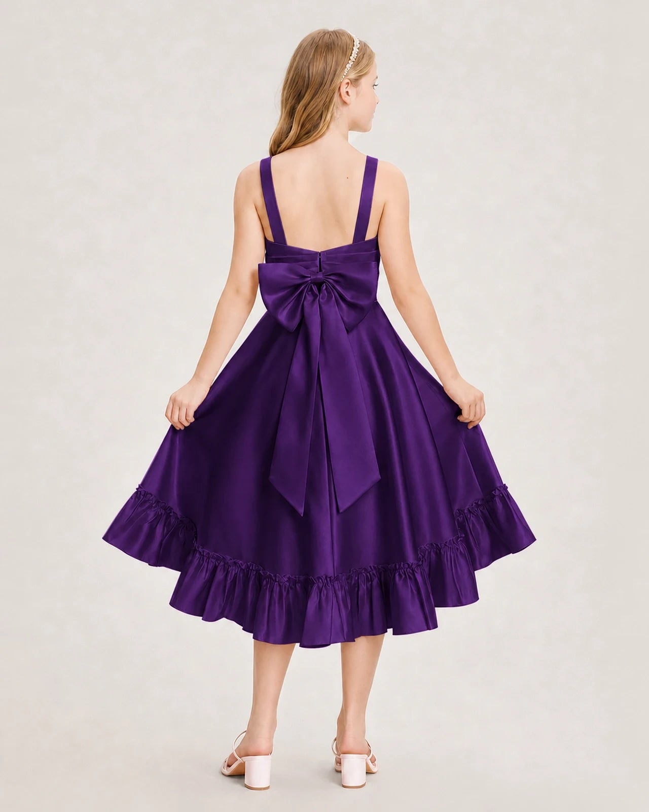 Dideyttawl Satin High-Low Junior Bridesmaid Dress with Bow