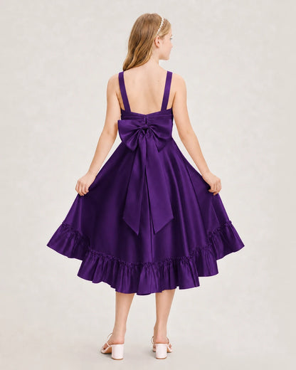 Dideyttawl Satin High-Low Junior Bridesmaid Dress with Bow