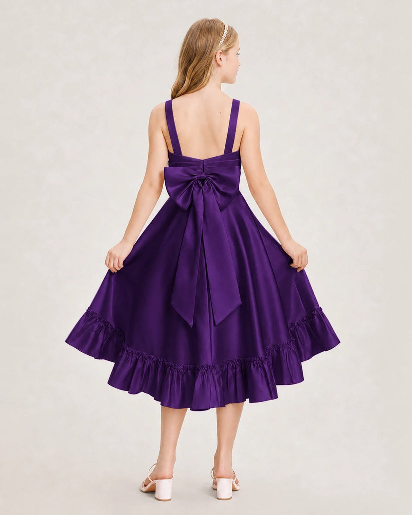 Purple Satin A-line Junior Bridesmaid Dresses Back View