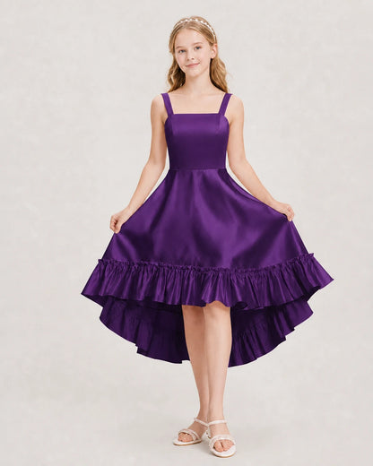 Dideyttawl Satin High-Low Junior Bridesmaid Dress with Bow
