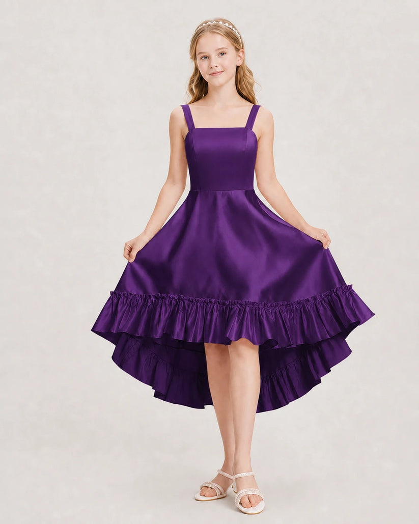 Purple Satin High Low Junior Bridesmaid Dresses Front View