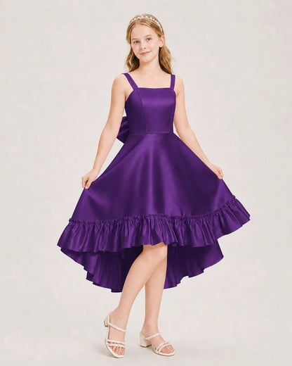 Dideyttawl Satin High-Low Junior Bridesmaid Dress with Bow