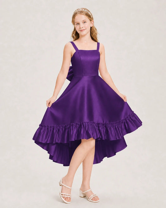 Purple Satin High-Low Junior Bridesmaid Dresses