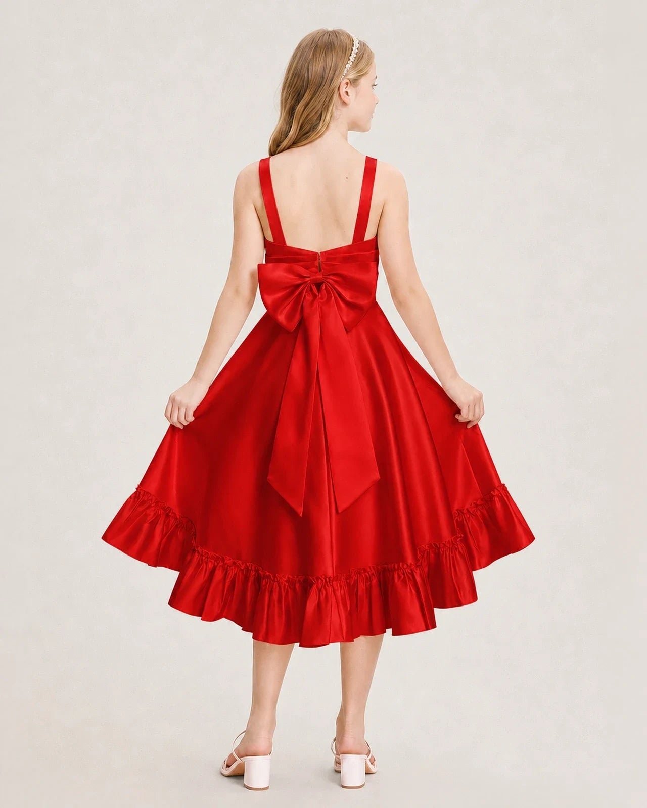 Dideyttawl Satin High-Low Junior Bridesmaid Dress with Bow