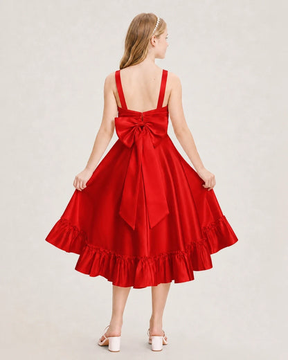 Dideyttawl Satin High-Low Junior Bridesmaid Dress with Bow