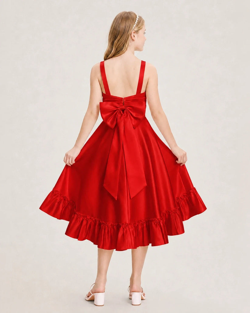 Red Satin A-Line Junior Bridesmaid Dresses Back View
