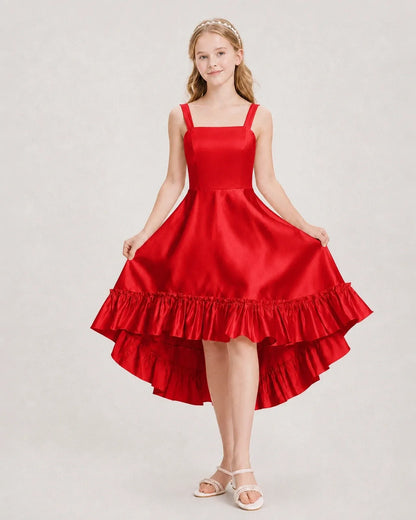 Dideyttawl Satin High-Low Junior Bridesmaid Dress with Bow