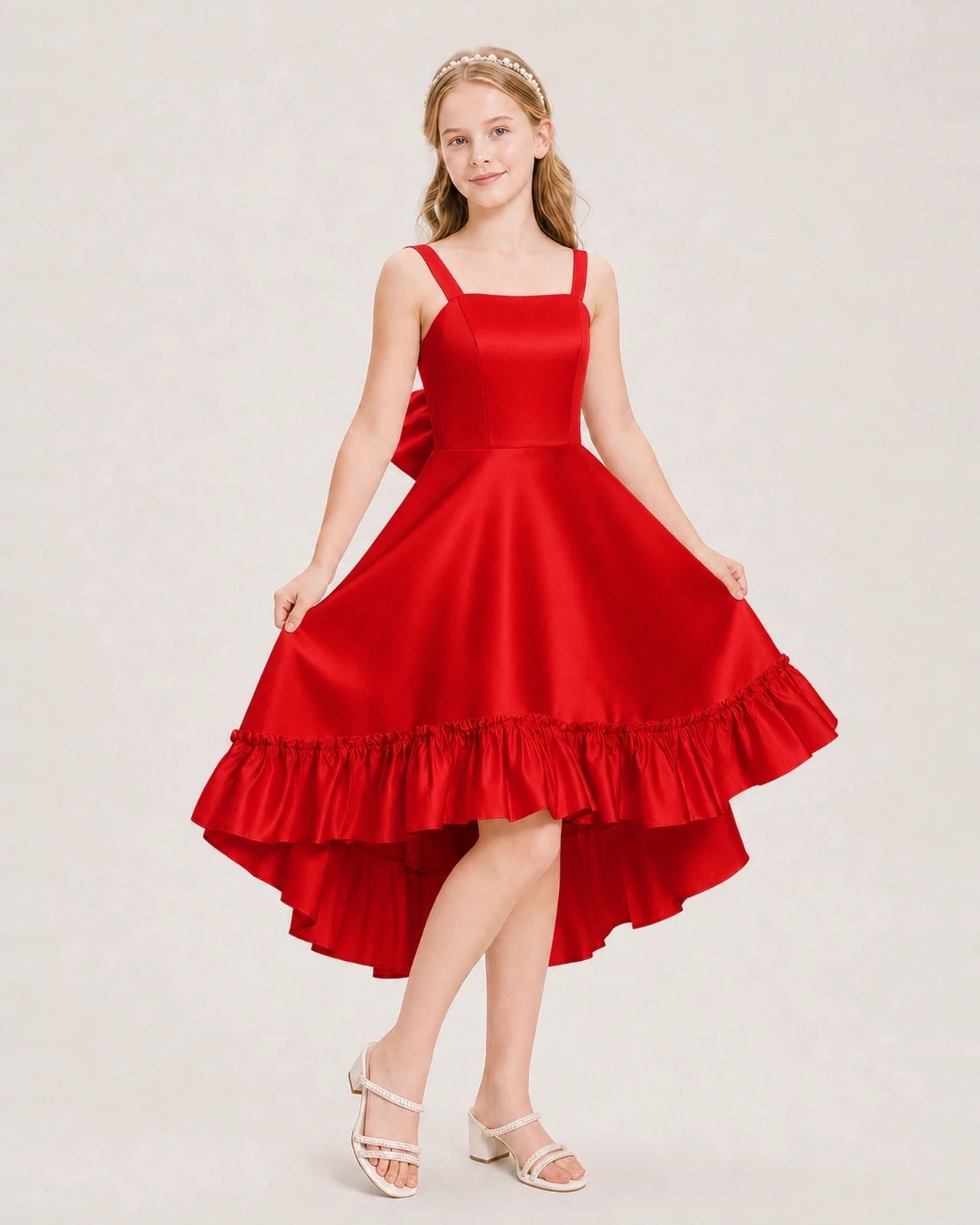 Dideyttawl Satin High-Low Junior Bridesmaid Dress with Bow