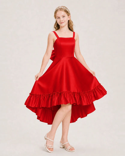 Dideyttawl Satin High-Low Junior Bridesmaid Dress with Bow