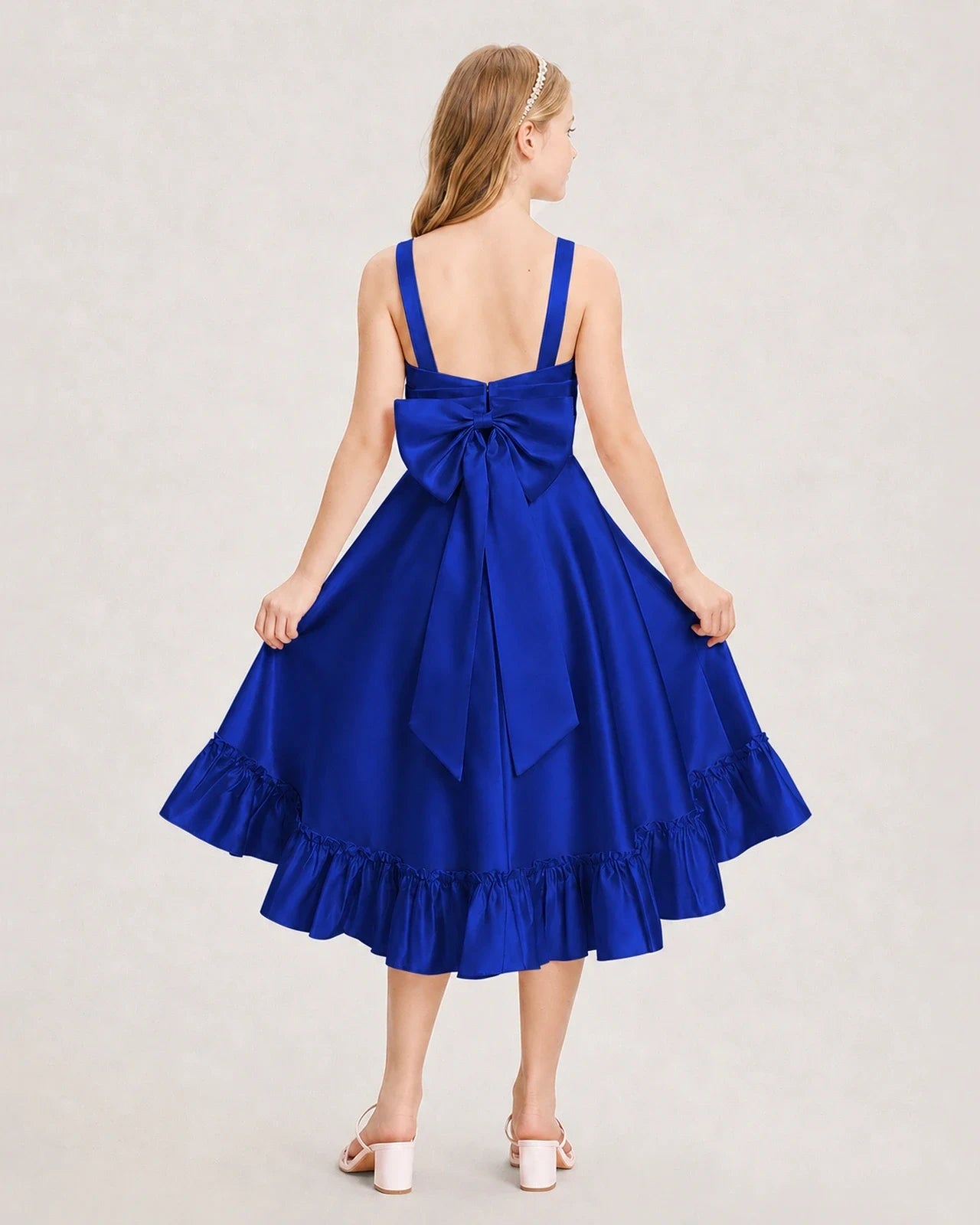 Dideyttawl Satin High-Low Junior Bridesmaid Dress with Bow