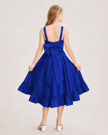 Dideyttawl Satin High-Low Junior Bridesmaid Dress with Bow