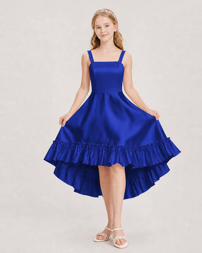 Dideyttawl Satin High-Low Junior Bridesmaid Dress with Bow