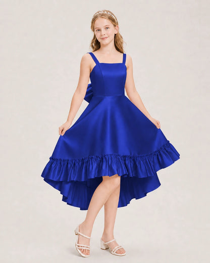 Dideyttawl Satin High-Low Junior Bridesmaid Dress with Bow