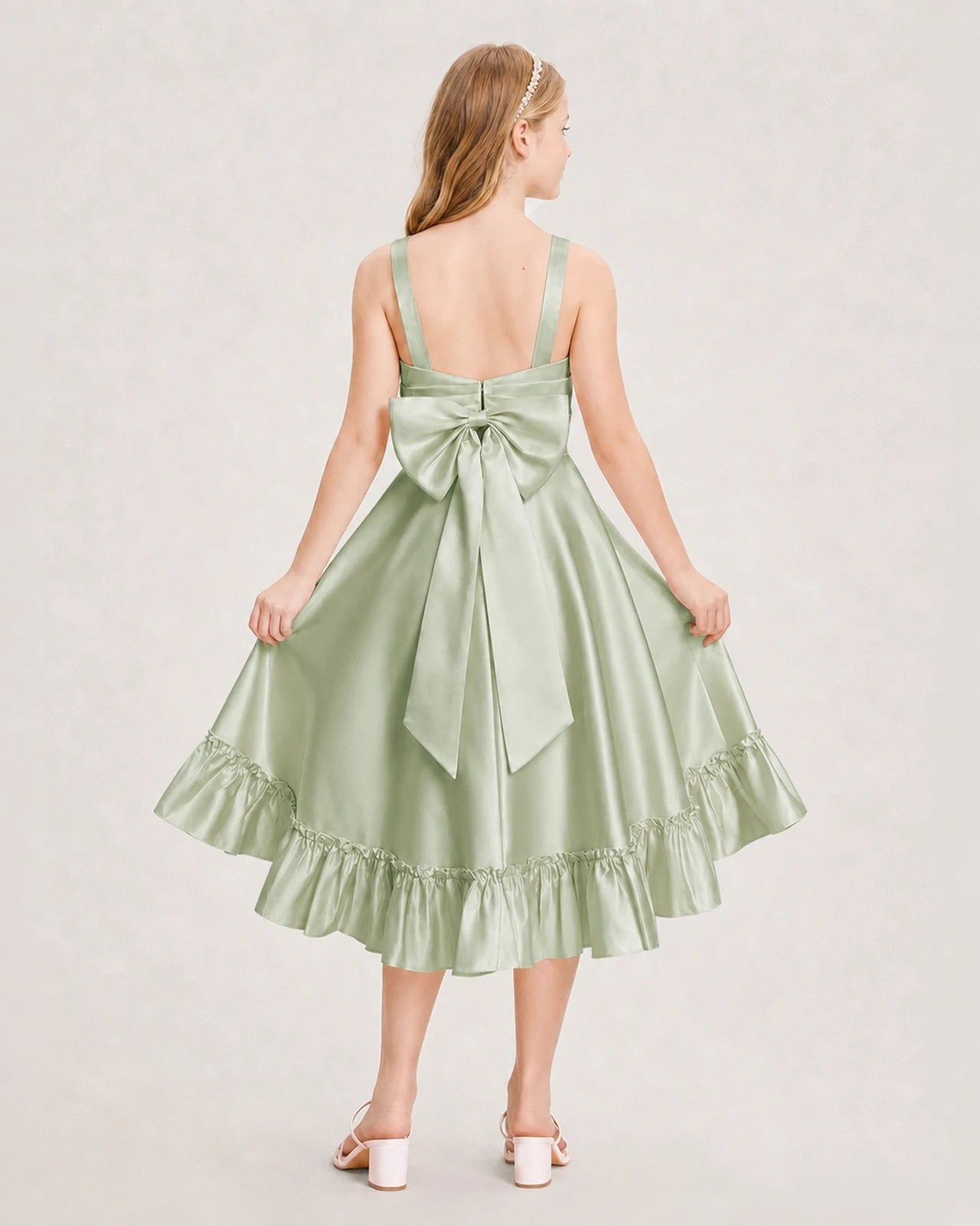 Dideyttawl Satin High-Low Junior Bridesmaid Dress with Bow