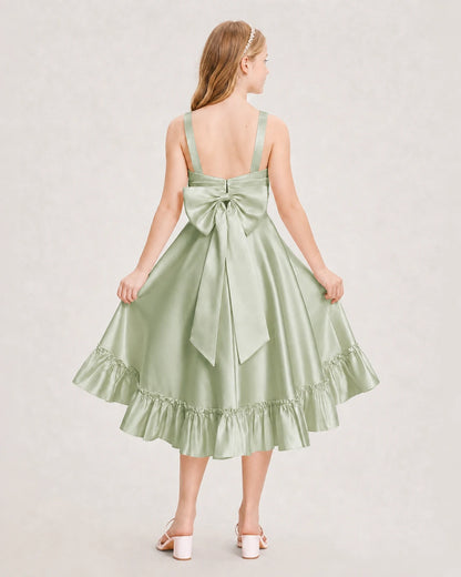 Dideyttawl Satin High-Low Junior Bridesmaid Dress with Bow