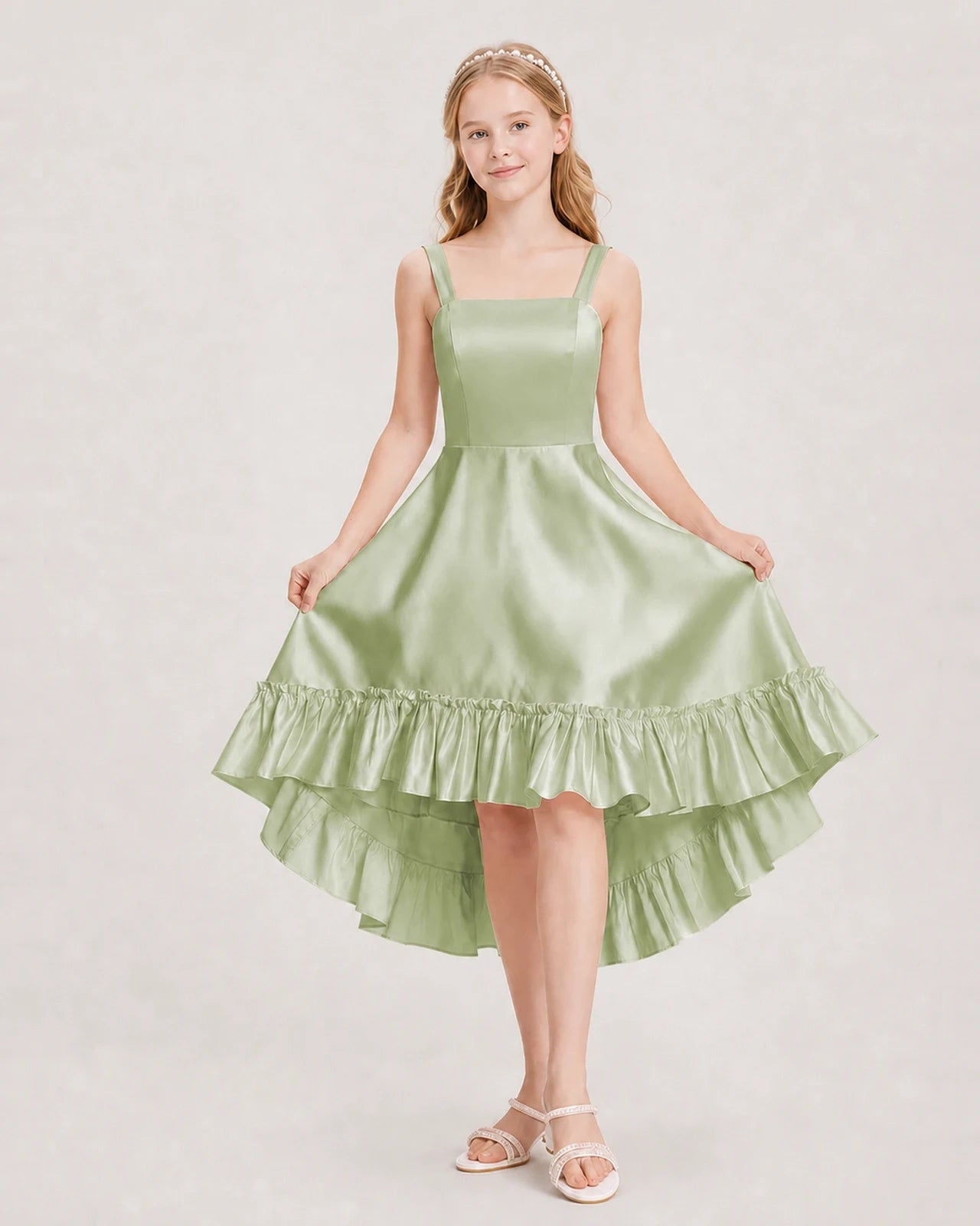 Dideyttawl Satin High-Low Junior Bridesmaid Dress with Bow