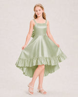 Sage Green Satin Ruffled High Low Junior Bridesmaid Dresses Front View