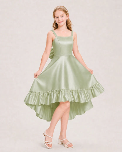Dideyttawl Satin High-Low Junior Bridesmaid Dress with Bow