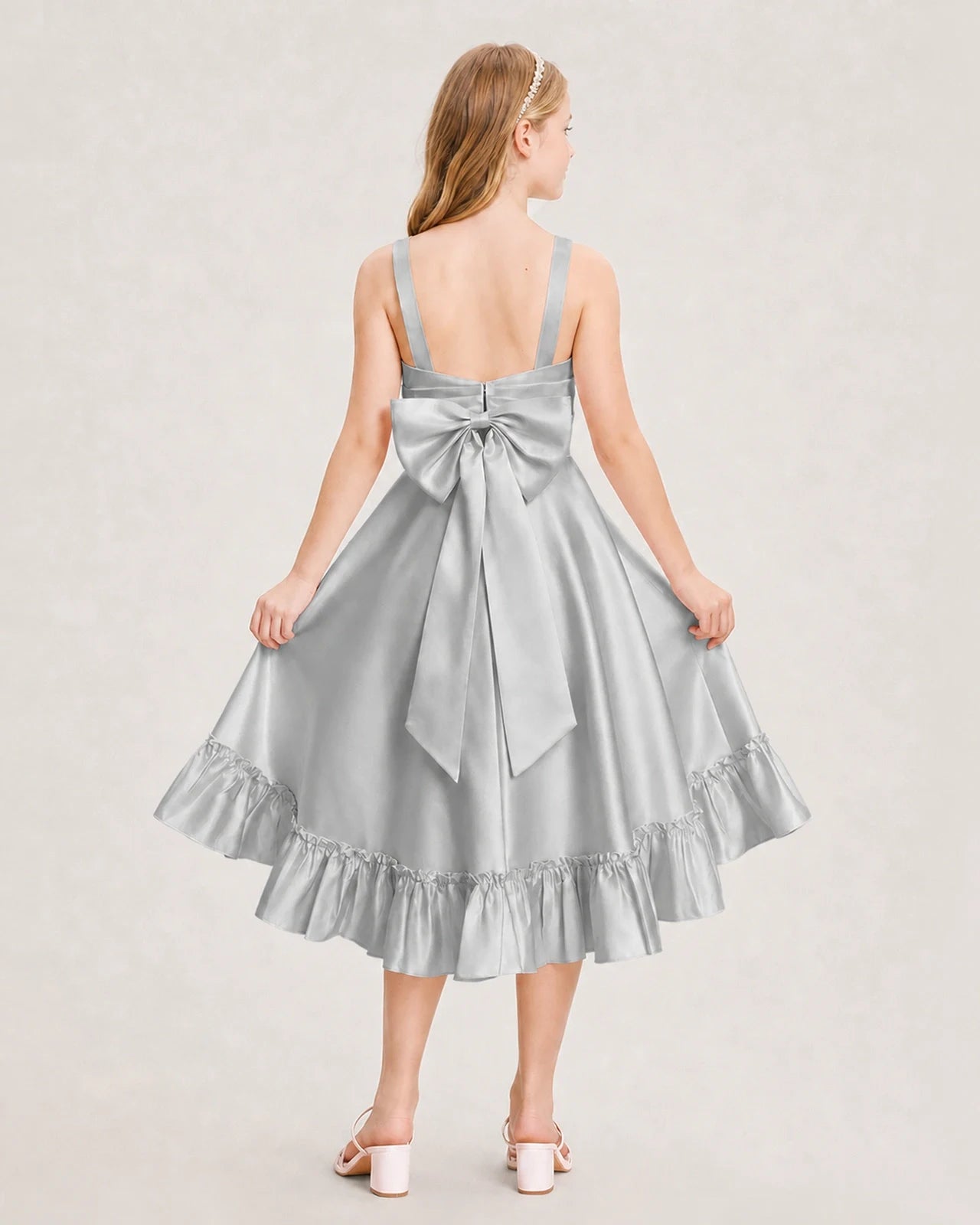 Dideyttawl Satin High-Low Junior Bridesmaid Dress with Bow