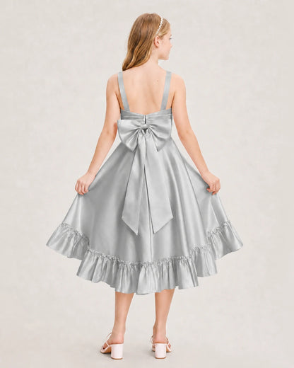 Dideyttawl Satin High-Low Junior Bridesmaid Dress with Bow