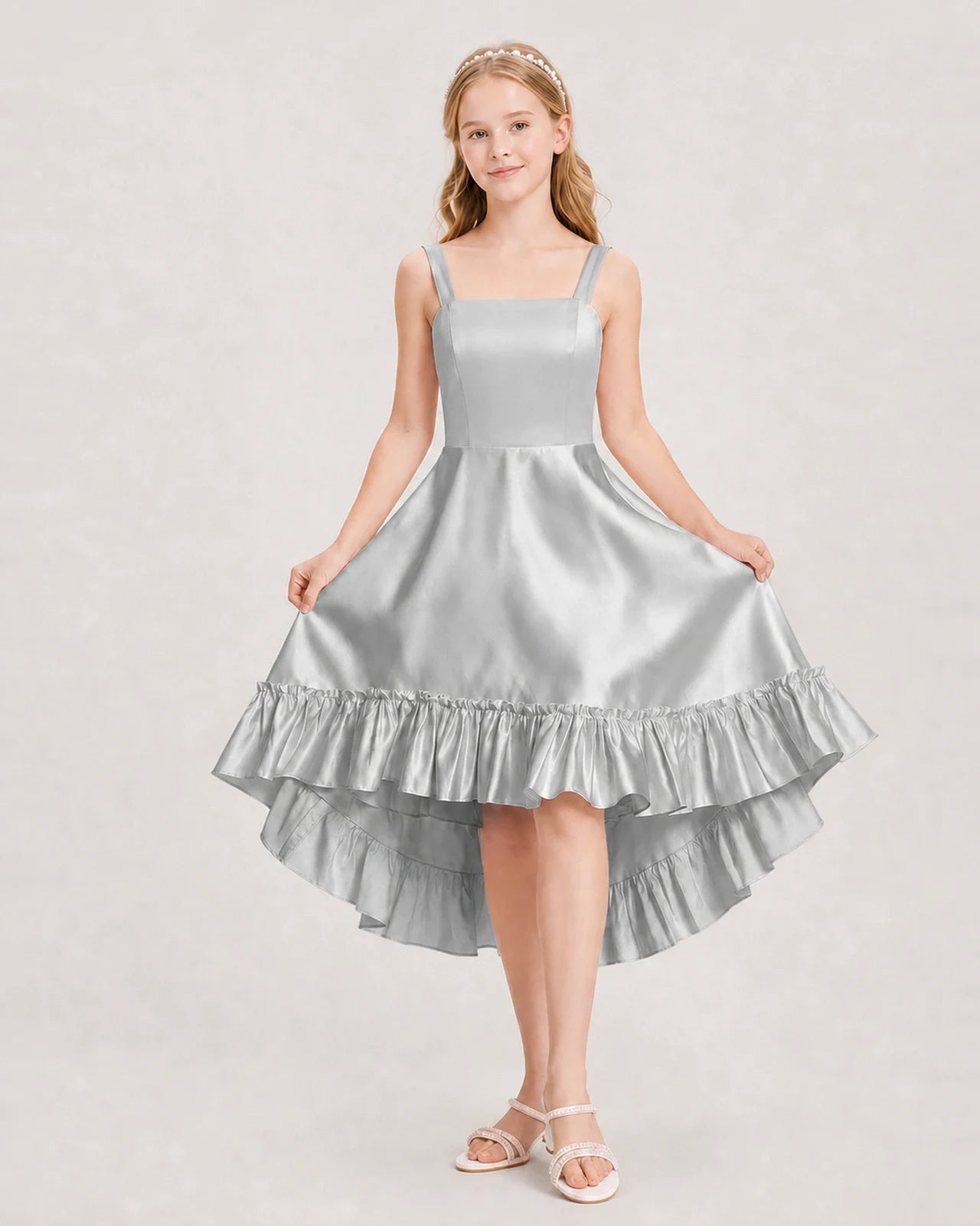 Dideyttawl Satin High-Low Junior Bridesmaid Dress with Bow