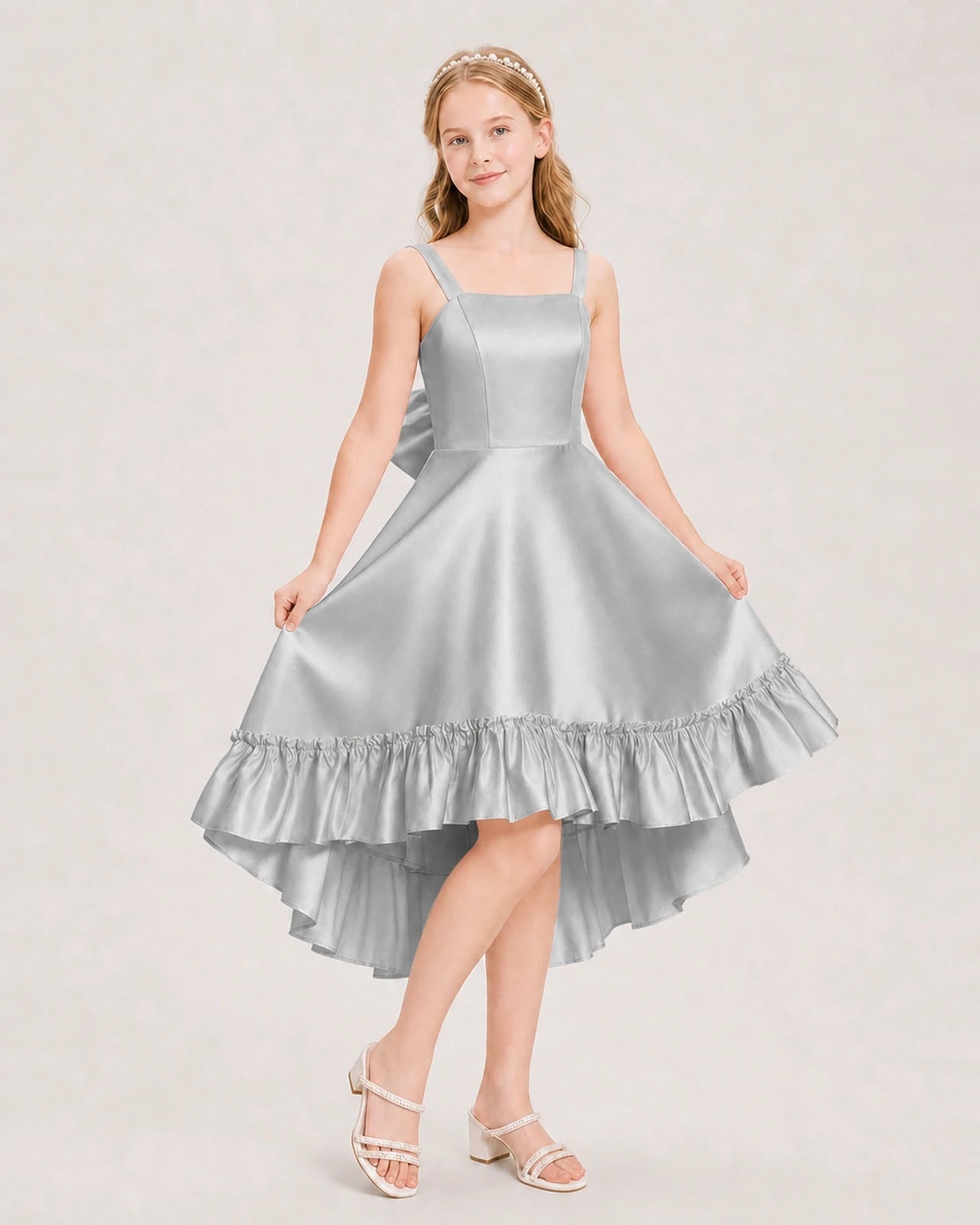 Dideyttawl Satin High-Low Junior Bridesmaid Dress with Bow