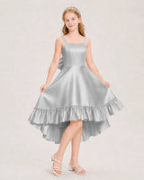 Silver satin high-low junior bridesmaid dresses