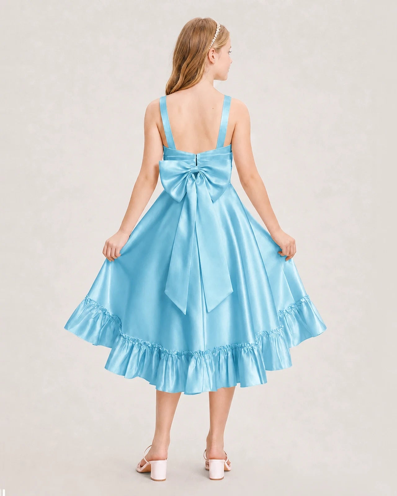 Dideyttawl Satin High-Low Junior Bridesmaid Dress with Bow