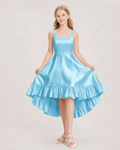 Dideyttawl Satin High-Low Junior Bridesmaid Dress with Bow