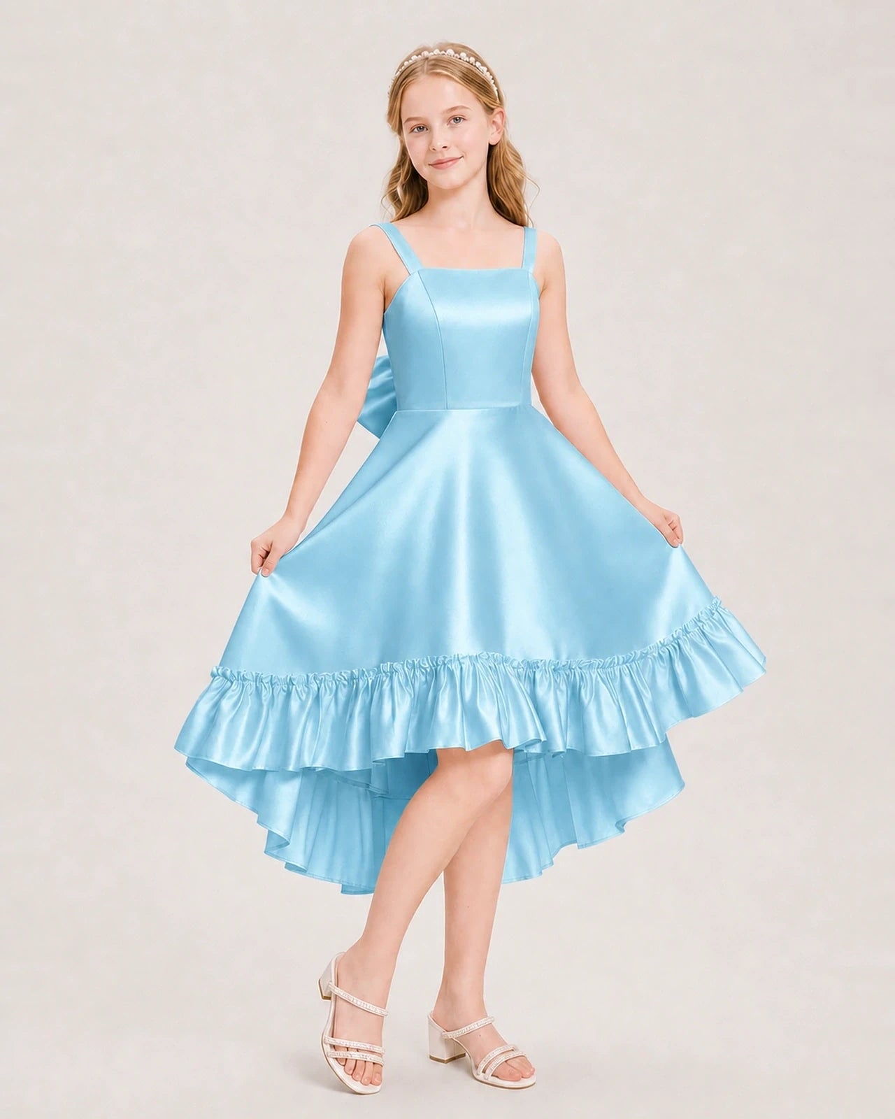 Dideyttawl Satin High-Low Junior Bridesmaid Dress with Bow