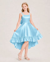 Sky blue satin high-low junior bridesmaid dress
