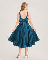 Teal satin bow-back tiered junior bridesmaid dresses Back View
