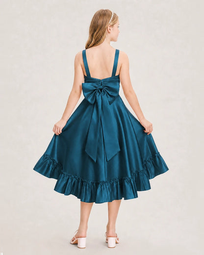 Dideyttawl Satin High-Low Junior Bridesmaid Dress with Bow