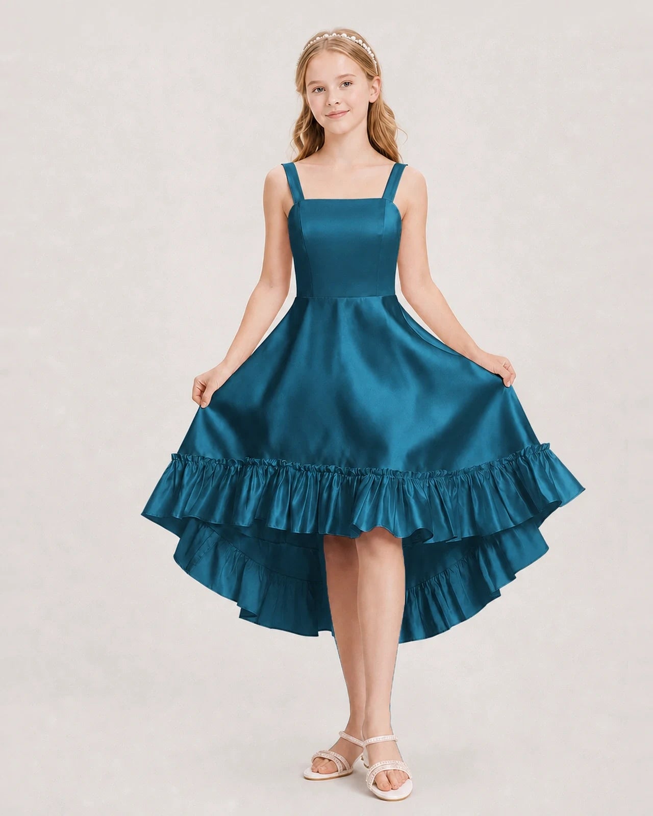 Dideyttawl Satin High-Low Junior Bridesmaid Dress with Bow