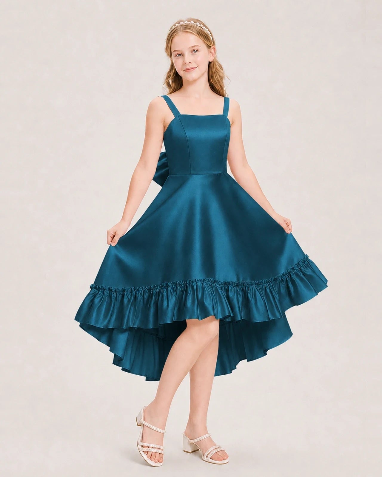 Dideyttawl Satin High-Low Junior Bridesmaid Dress with Bow