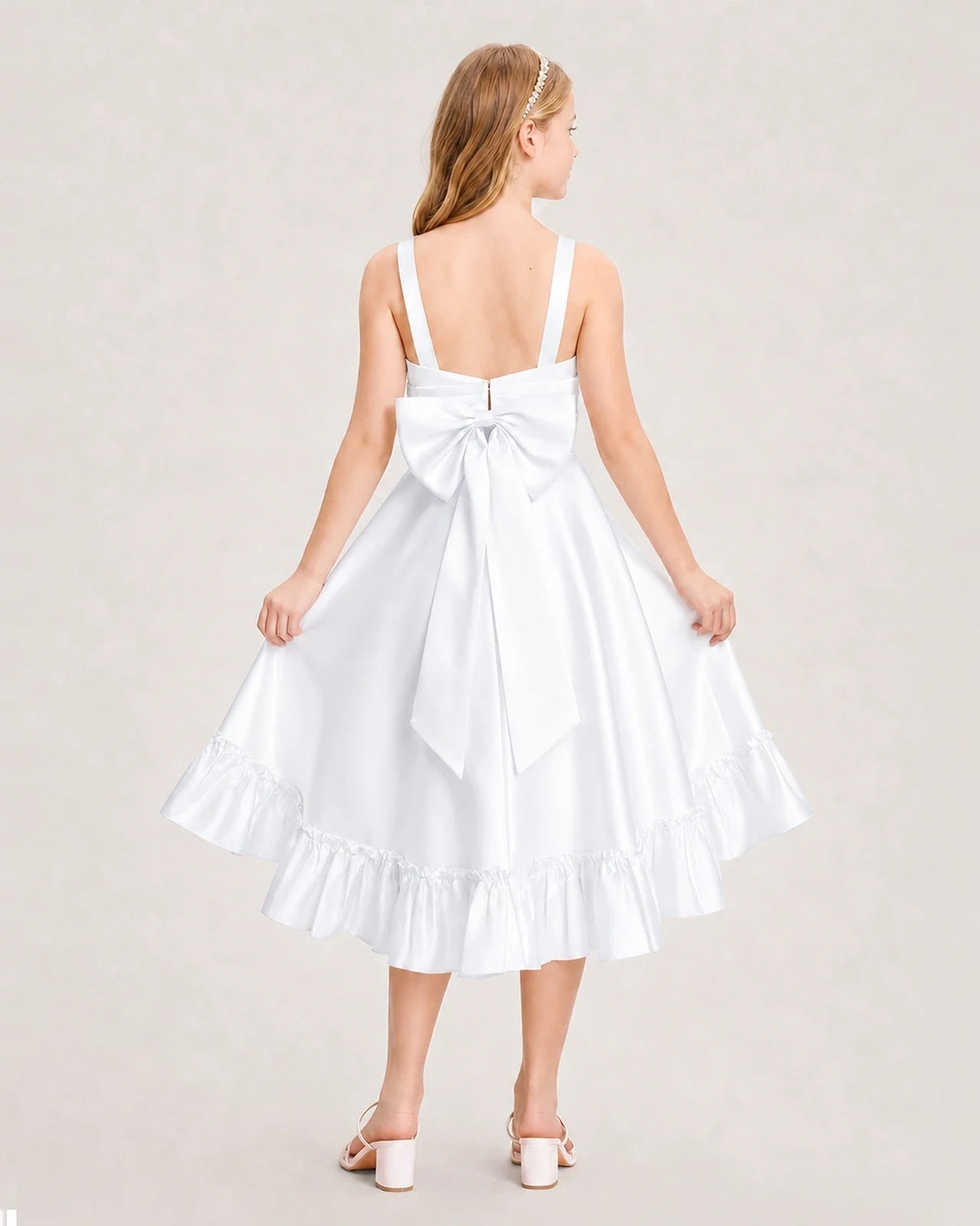 Dideyttawl Satin High-Low Junior Bridesmaid Dress with Bow