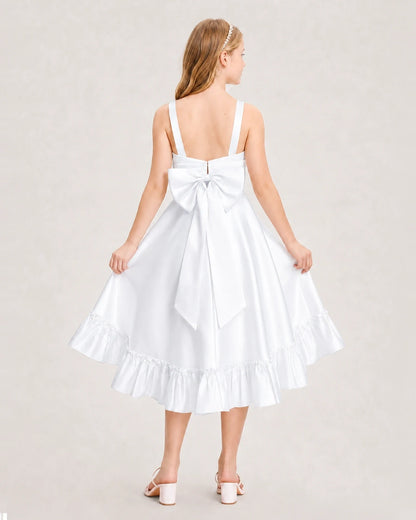 Dideyttawl Satin High-Low Junior Bridesmaid Dress with Bow