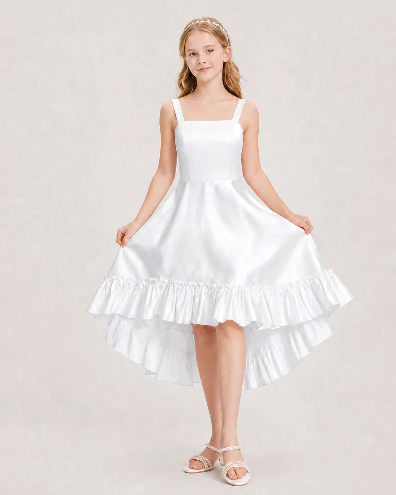 Dideyttawl Satin High-Low Junior Bridesmaid Dress with Bow