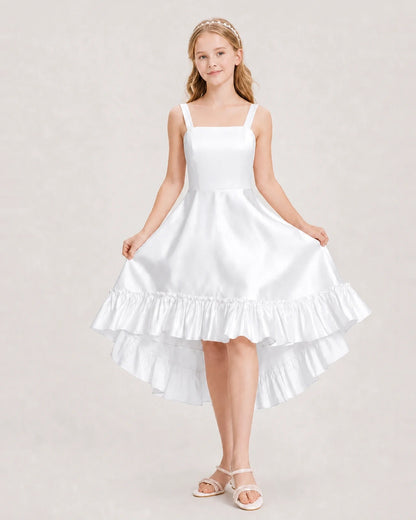 Dideyttawl Satin High-Low Junior Bridesmaid Dress with Bow