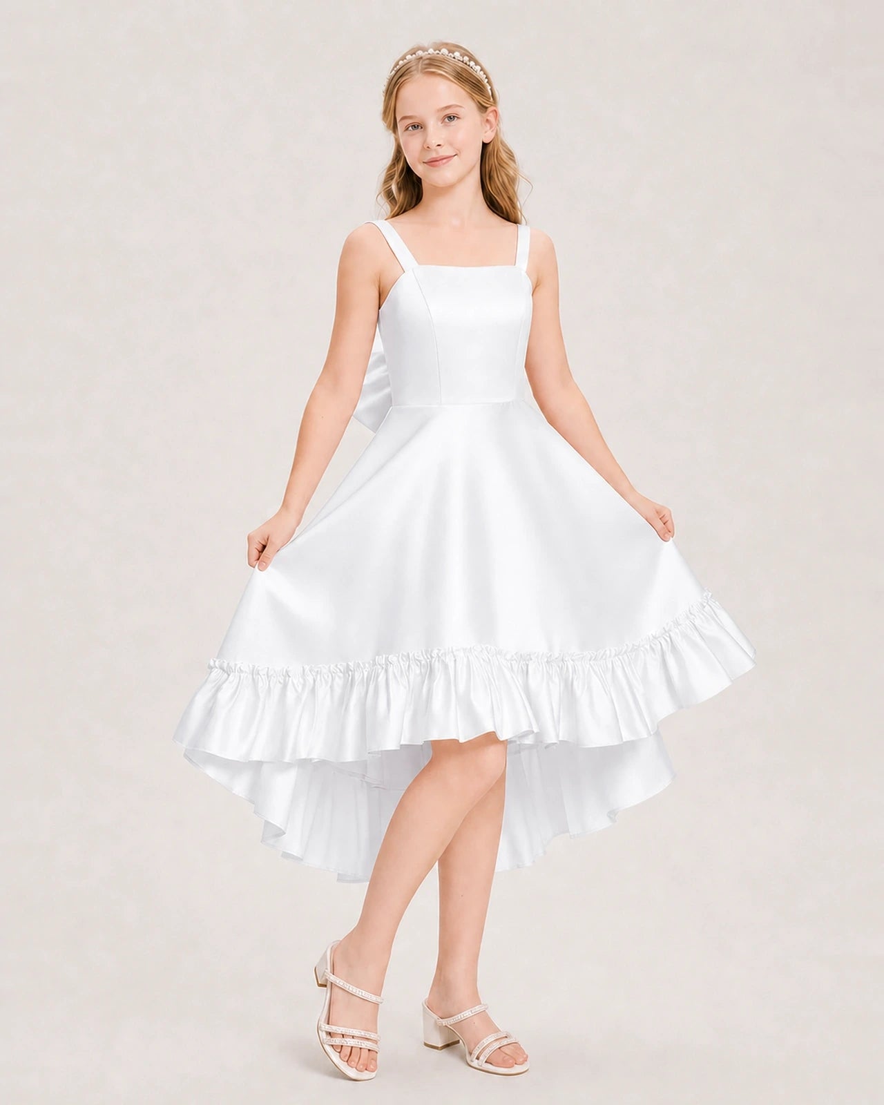 Dideyttawl Satin High-Low Junior Bridesmaid Dress with Bow