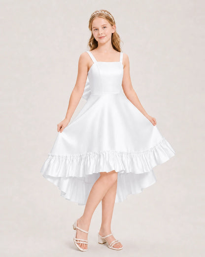 Dideyttawl Satin High-Low Junior Bridesmaid Dress with Bow